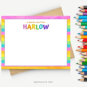 Personalized Rainbow Border Girls Stationery, Notecards for Kids, Set of 12 Flat A2 (4.25” x 5.5”) Cards, Blank Back with Envelopes