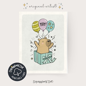 Imprimable Yay Capybara Card – Carte d'anniversaire numérique Capybara avec ballons | Voeux PDF animal mignon pour téléchargement immédiat