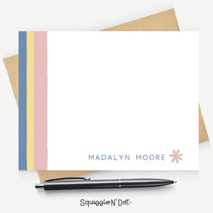 Pastel Daisy Flat Note Cards – Personalized Stationery with Hand-Drawn Flowers and Colorful Stripes