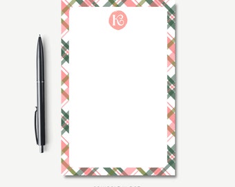 Cute Spring Plaid Border Scripted Monogram Stationery Notepad with Magnet Option
