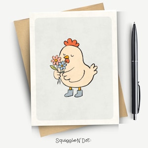 Cute Chicken with Flowers Greeting Card – Whimsical Farm Animal Card, Just Because Note, Rustic Spring Stationery
