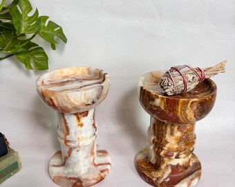 Vintage Pair of Large Brown Onyx Stone Footed Pedestal Riser / Base - Candle Pillar Riser, Cloche Holder, Made in Pakistan