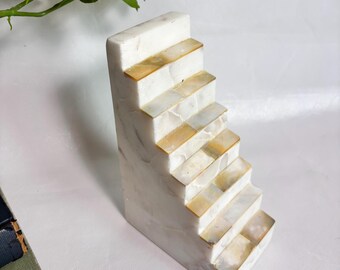 Vintage Geometric Step White Marble and Mother of Pearl Bookend / Single Book End | Minimalist Book Holder Bookshelf Study Office Decor