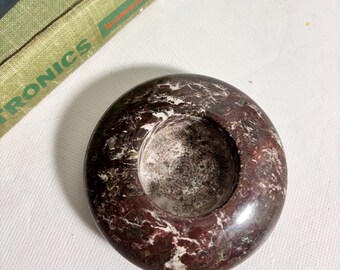 Vintage Burgundy Brown Marble Tea Light Holder, MCM Style Candle Holder, TeaLight Short Candleholder, White Crystal Veins / Pakistan