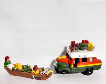 Vintage 1960s Ecuador Folk Art Chiva Bus and Fruit Market Canoe / Hand Crafted Terracotta Clay Pottery Miniatures Souvenirs - Produce Seller