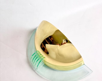 Vintage Postmodern Brass Tone Demilune Lucite Wall Fixture Sconce Lamp / Accent Retro Space Age Turquoise Half Dome Swedish Decor Atomic Era