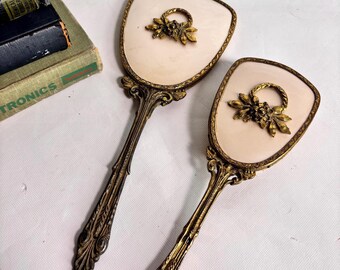 Antique Brass 2-Piece Handheld Vanity Mirror and Hair Brush Set with Rose Floral Motix  - Art Deco / Art Nouveau Mirror