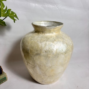 Peut inclure: Un vase rond et bulbeux doté d'une large ouverture et d'un col court. La surface extérieure est recouverte de pièces nacrées, blanc cassé, qui se chevauchent, créant une finition texturée et irisée avec de subtiles nuances crème et beige.