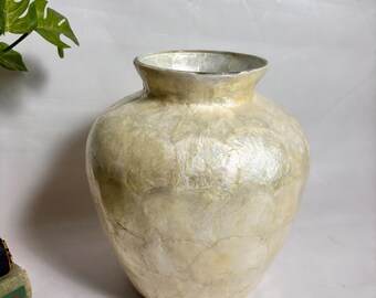 Vintage Large Capiz Shell Wrapped Glass Flower Vase - Coastal Boho/ Mother of Pearl/ Traditional Vase