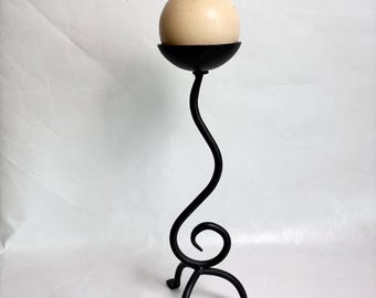 Vintage 1990s postmodern Memphis inspired Spiral Swirling Black Metal Ball Pillar Candle Holder / Post Modern Swirls Candleholder