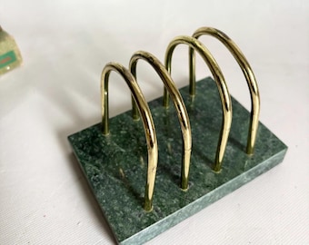 Vintage green marble and brass Art Deco letter organizer / beautiful stone letter holder / office organizer