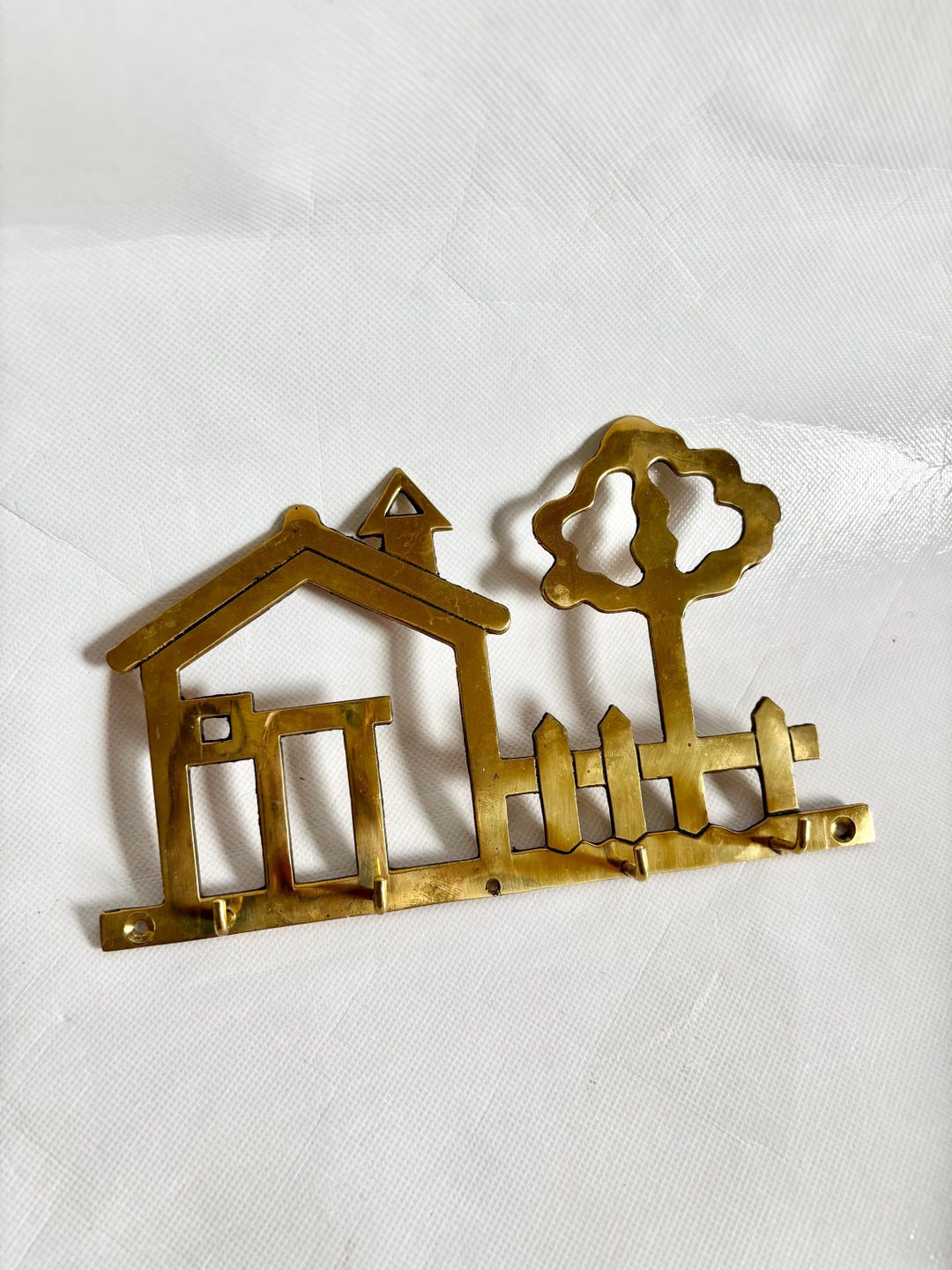Vintage Solid Brass House & Tree Key Holder, Vintage Housewarming Gift ...