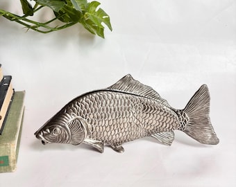 Vintage silver-plated metal carp fish napkin holder or letter holder: by Modello Depositato, from Italy, circa 1960s / chrome fish decor