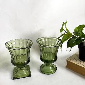 Pair of Vintage MCM Green Hazel Atlas Urn / Planter / Candy Dish / Vase / Olive Green Fluted Pedestal with Scalloped Edge Rim circa 1950s