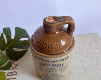 Vintage McCormick Platte Valley Straight Corn Whiskey Jug With Cork empty - Antique Stoneware Ceramic Whiskey Jug