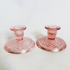 Antique Imperial Glass Pink Depression Glass Diamond Quilted Candlestick Holders Pair (2) 1930s era, No Damage, Pretty Pink Cottage Style