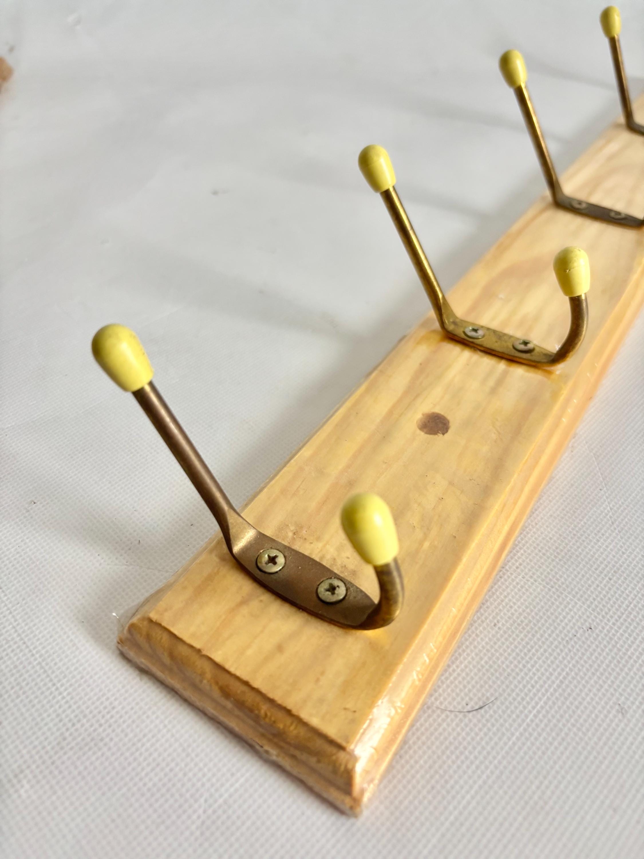Vintage 80s Wood Yellow Yaffa Style Organizer Wall Hooks / Vintage