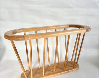 Vintage Mid Century Modern Scandinavian Style Blonde Wood Magazine Rack Basket with Spindles / Vinyl Holder / Wood Record Holder