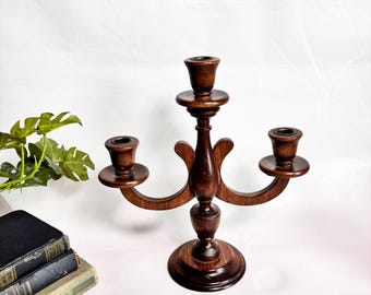 Vintage Mid-Century Turned Wood 3-Arm Candelabra - 13” Cutout Style Wood Tabletop Candelabra Centerpiece