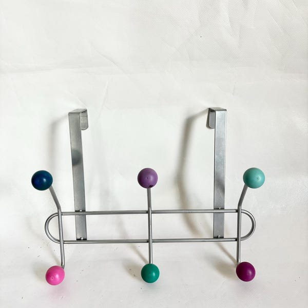 Ganchos organizadores metálicos para colgar sobre la puerta, estilo MCM Atomic Ball “Gumball” / Ganchos coleccionables vintage para colgar / Rosa, morado, azul