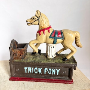 Vintage Cast Iron Novelty &quot;Trick Pony&quot; Coin Bank Reproduction / Folk Art Heavy Iron Horse Coin Bank