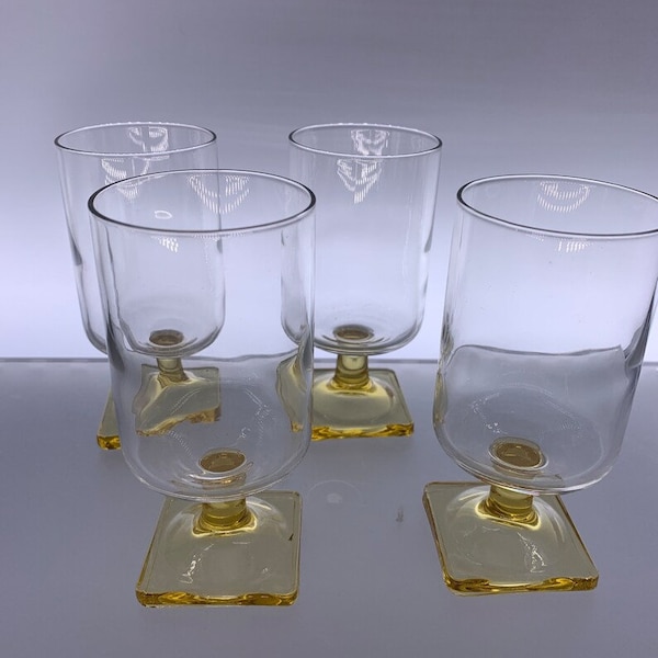 Four Vintage Federal Glass MCM Nordic Topaz Iced Tea Golden Yellow Square Base Stem Tall 6” Wine Juice Goblets Glasses Mid Century Set of 4