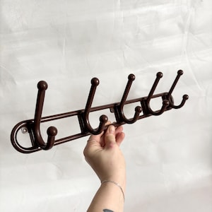 May include: A brown metal coat rack with five hooks. The hooks are curved and have a rounded top. The rack is being held up against a white background.