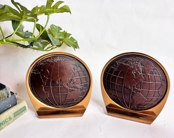 Vintage Pair of Brass and Embossed Leather MCM World Globe Bookends - 6.5” x 6”