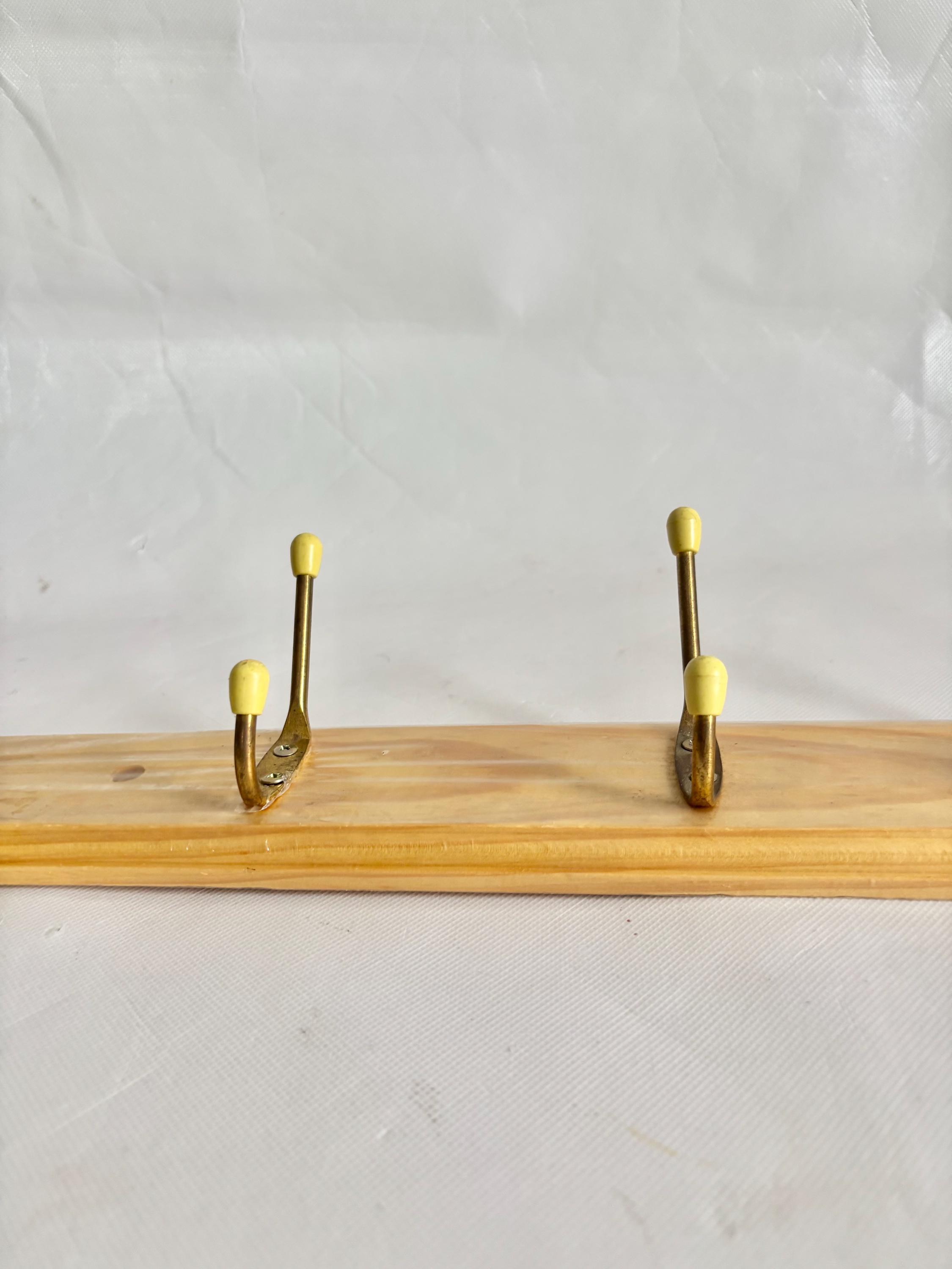 Vintage 80s Wood Yellow Yaffa Style Organizer Wall Hooks / Vintage