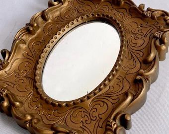 RARE Mid 20th Century Hollywood Regency Gold Frame Mirror -Ornate French Style Gold Wall Mirror / Hang Vertical or Horizontal 9 x 8"