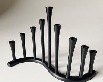 Wavy MCM Post Modern Style Black Modern Metal Menorah Candelabra Candlestick Holder