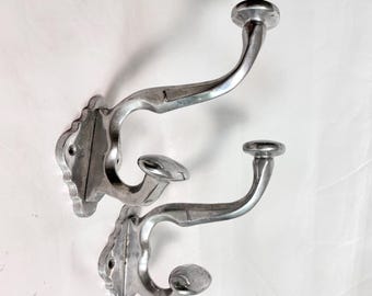 Vintage Pair of Large Double Hook Aluminum Chrome Wall Hooks / Coat Hooks 9” x 9” / 1990s Chunky Silver Postmodern Style