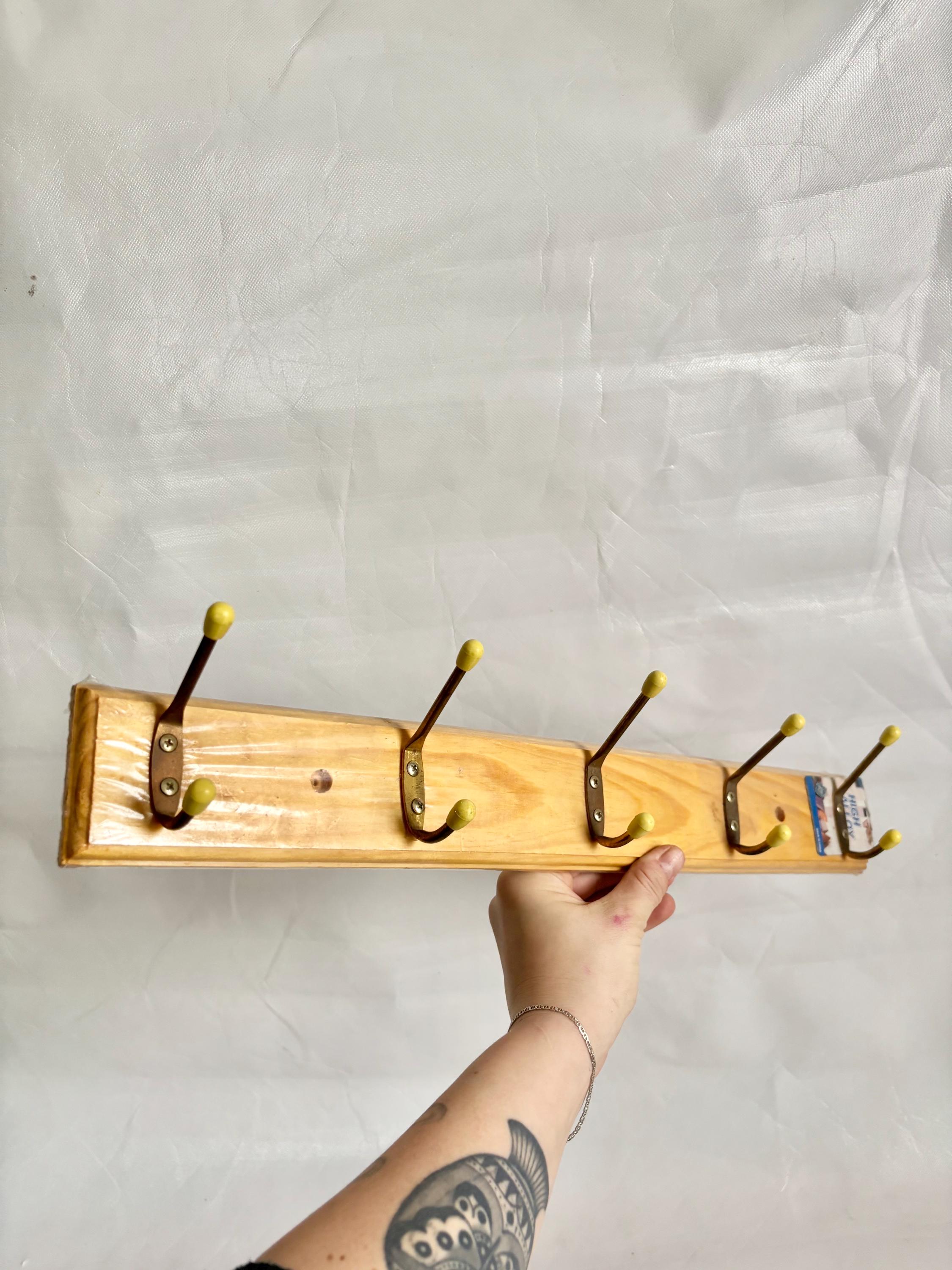 Vintage 80s Wood Yellow Yaffa Style Organizer Wall Hooks / Vintage