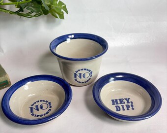 Vintage Set of Brinker Pots Dip Bowls Crock 3 PCS Bowl Ceramic No Double Dipping - Stoneware Blue Trim Chips and Dip Serving