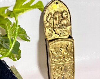 Vintage 1970s Embossed Solid Brass Hanging Match Holder 10” / Primative, Farmhouse, Cottage, Fireplace Hearth, woodstove