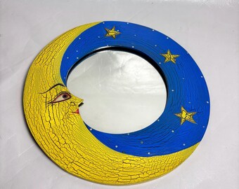 90's Vintage 12” Celestial Moon Round Mirror Glass Handmade Wood / Folk Art Style Moon and Stars Hand Painted / Astrological 1990's Wall Art