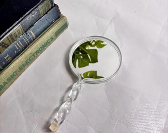 Vintage Genuine Lucite Hand Mirror with Twisted Handle // Clear Lucite Handheld Double Sided Magnifying Mirror