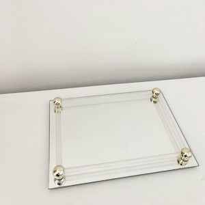 Vintage Mirrored Vanity Tray with Lucite or Glass Rod Rim and Brass Ball Shaped Corners, Perfume Tray, Catch All, Art Deco, Footed Vanity