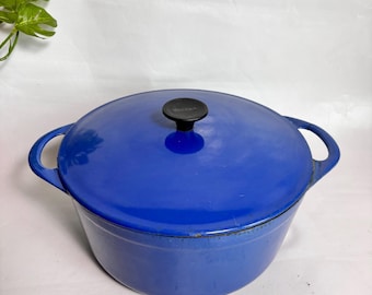 Rare Vintage Cousances France No.24 Blue Enameled Cast Iron Dutch Oven W/ Lid - Collectible Retro cookware