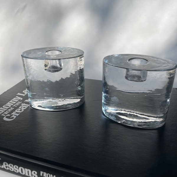 Pair of Glass ICE TAPER Large Oval Candlesticks, 3.5” Taper Candle Holder, Blenko, Heavy Pressed Glass, Modern Italian Design