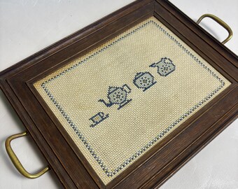 Vintage Framed Coffee Cup / Teapot Cross Stitch Tray Wall Hanging / 1970s Retro Kitchen Theme Needlepoint Wall Art and 14” x 9.5”