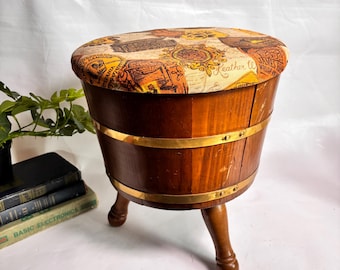 Vintage 3 Legged Banded MINI Half Barrel Keg Style Wood Sewing Stool with Storage and Upholstered Seat Top -  15” tall 13” wide