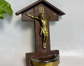 Vintage German Wooden and Brass Hanging Religious Crucifix Cross with Glass Holy Water Stoup