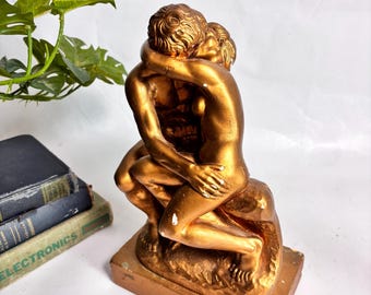 Vintage 1966 Esco Products Gold Sculpture "The Kiss" by Auguste Rodin | Office Decor | Bust Statues | The Kiss | Library & Study Decor
