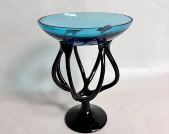 Vintage Mid-Century Jozefina Krosno Octopus Blue Glass Pedestal Bowl - 7.25” Art Glass / Blown Glass Trinket Dish