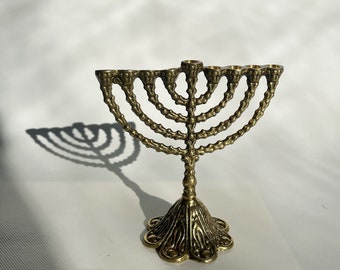 Vintage Golden Solid Brass 9 Branch Menorah - Jewish Bible Jerusalem Temple MENORAH Nine Branch-  Made in Israel Art Holy Land