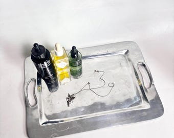 Vintage 90s Postmodern Aluminum Silver Pottery Barn Rectangle 2 Handle Serving Tray Aluminum Metallo Collection - 14” x 10” Vanity Tray