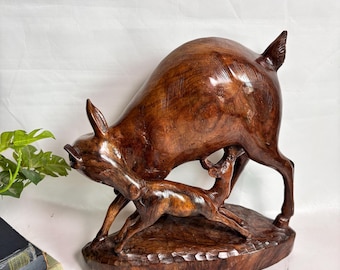 Vintage Large 15” Hand Carved MCM Wood Deer / Doe and Fawn Sculpture/ Figurine Nursing Grooming / Handmade Deer Wooden Sculpture