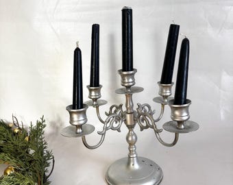 Vintage MCM Ornate Silver Metal Candelabra Five Candlestick Holder - Large Tabletop Five Arm Candelabra Centerpiece