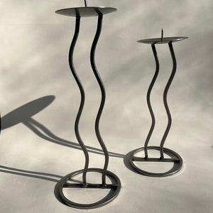 Vintage 1980s Postmodern Memphis Style Pair of Silver Wave Squiggle Candle Holders - Rare set of Postmodern Metal Squiggle Candleholders